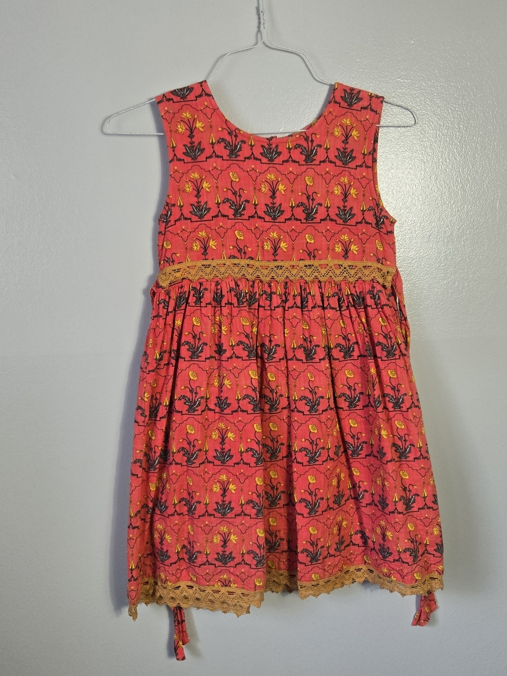 Yo Baby India 100% Cotton Floral Block Print Lace Trim Back Tie Dress Size 11